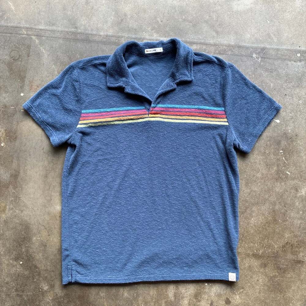Marine Layer Terry Out Stripe Polo Size S Blue Short Sleeve